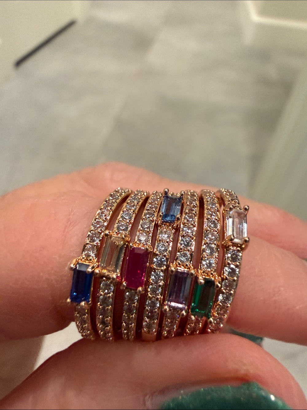 7 Multi-Row Rose Gold Stackable Rings with Colored Gemstones